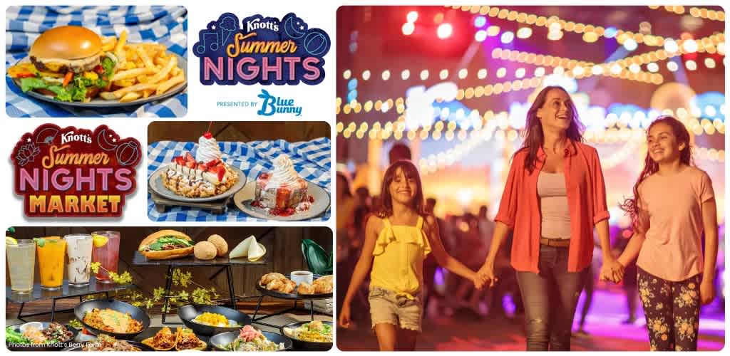 A woman and two girls holding hands walking at a nighttime fair with colorful lights, with food, desserts, and beverages displayed on a table beside them.