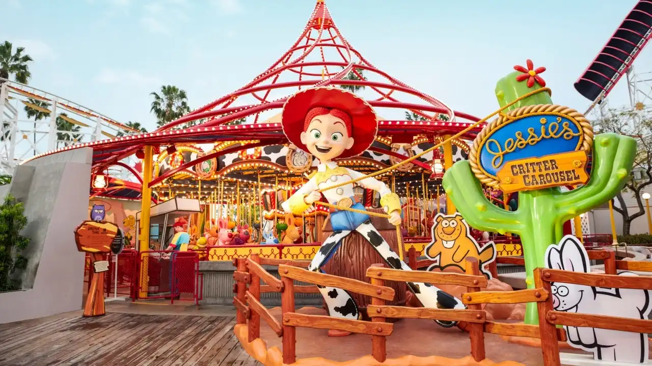 Jessie from Toy Story at Jessie's Critter Carousel ride at Disneyland Resort