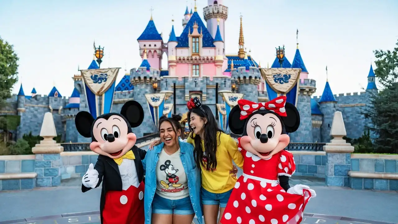Mickey and Minnie Mouse in front of Sleeping Beauty Castle at Disneyland