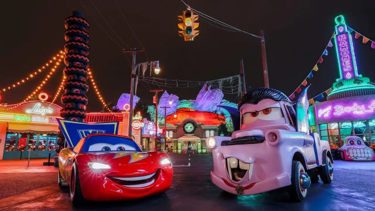 Lightning McQueen and vampire Cars character at Cars Land Halloween at Disneyland