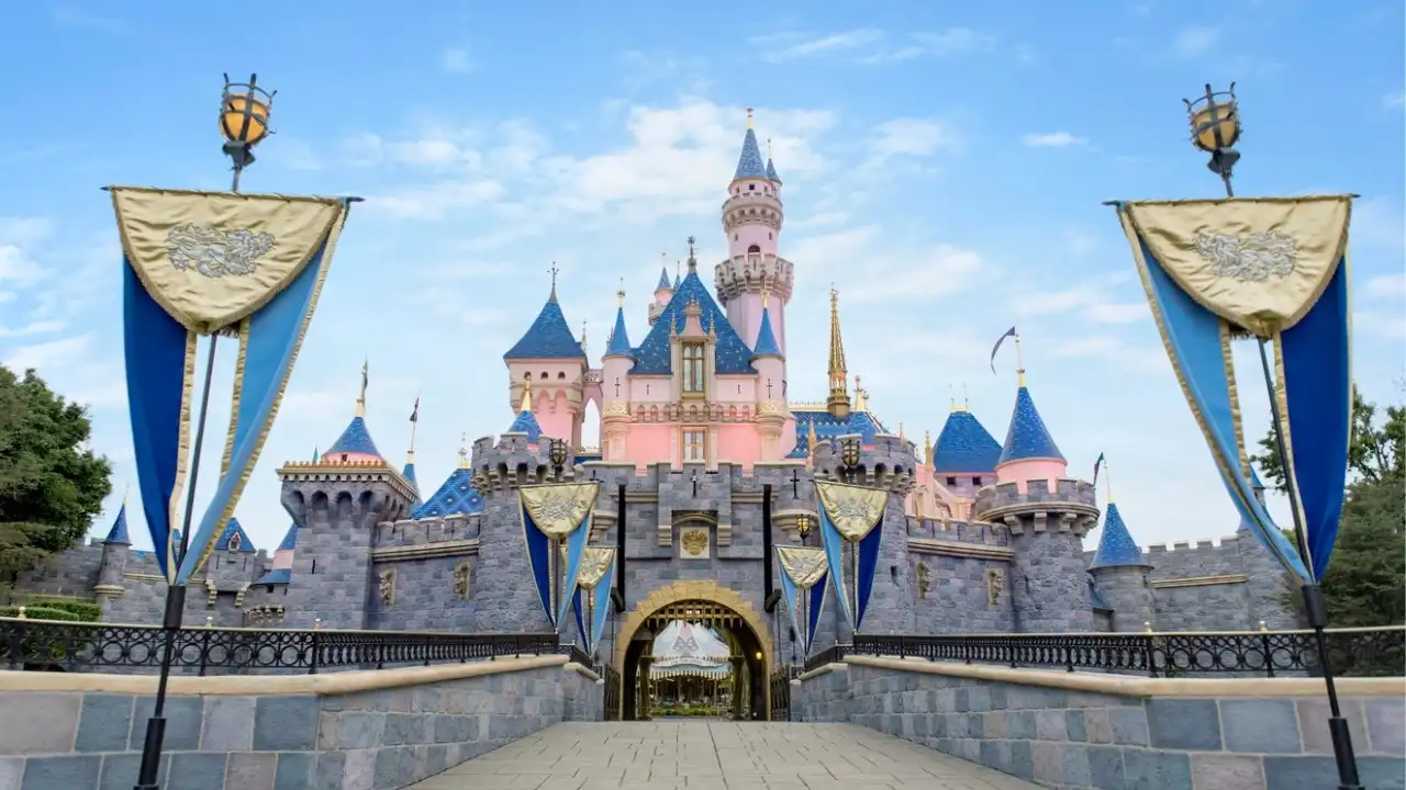 Sleeping Beauty Castle with anniversary banners at Disneyland