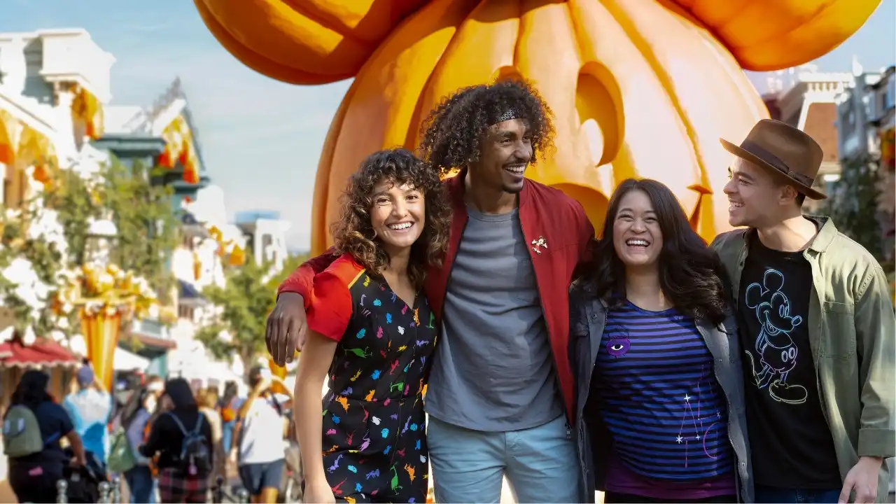 Giant Mickey Mouse pumpkin on Main Street USA at Disneyland Halloween
