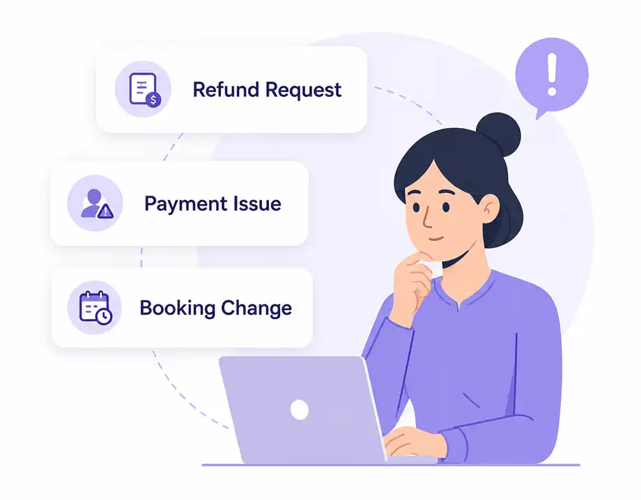 HR representative fielding refund, payment, and booking requests.