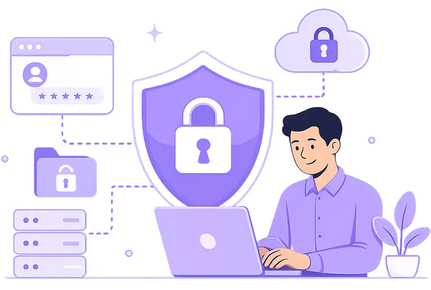 Enterprise security illustration showing shielded employee data, laptop, and cloud access
