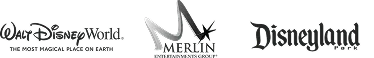 A black and white logo featuring the Disney World, Disneyland, and Merlin logos set against a white background