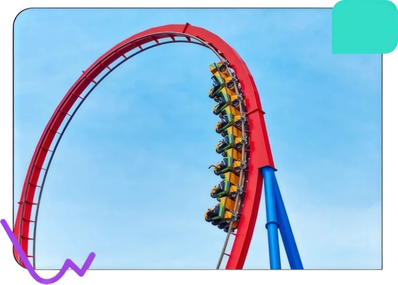 A group of riders on a roller coaster with a red track and yellow cars ascending a steep hill against a blue sky