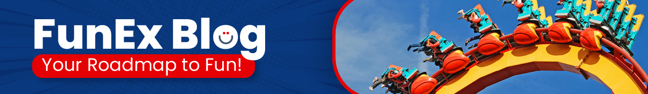A vibrant banner for the FunEx Blog, featuring bold text that reads "FunEx Blog" in white with a smiling face icon, and the tagline "Your Roadmap to Fun!" in red. In the background, a colorful roller coaster is depicted, with riders in blue and orange seats experiencing excitement as they navigate a loop against a clear blue sky. The overall design is lively and energetic, inviting readers to explore fun activities and adventures.