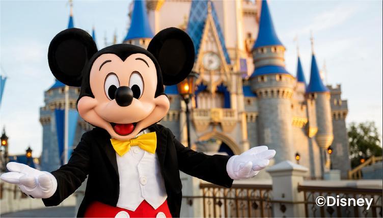 Mickey Mouse welcoming guests in front of Cinderella Castle at Walt Disney World