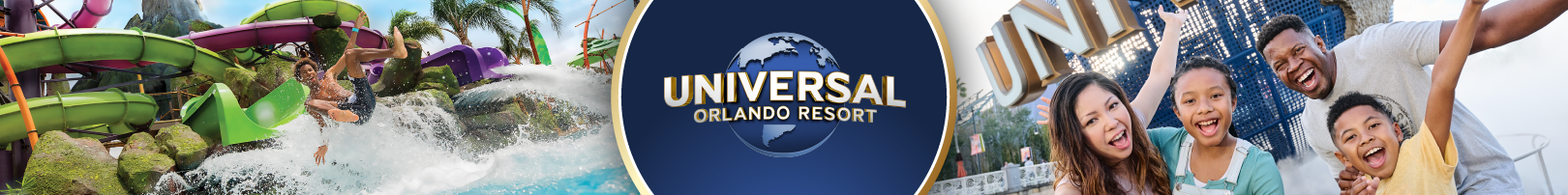 A vibrant scene from Universal Orlando Resort featuring a water park. A person is joyfully sliding down green and purple water slides, splashing into a pool below. Lush palm trees surround the area, enhancing the tropical atmosphere. On the right, a smiling family poses together, making playful gestures, capturing a moment of fun and excitement. The Universal Orlando Resort logo is prominently displayed in the center.