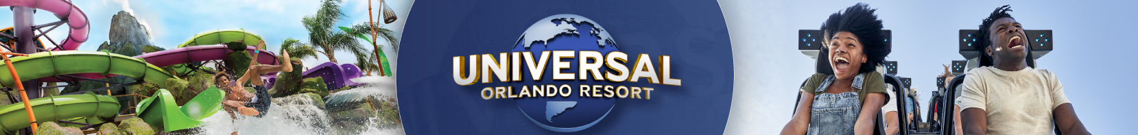 Dynamic banner featuring Universal Orlando Resort, with thrilling water slides at Volcano Bay, the iconic Universal globe, and the excitement of Hollywood Rip Ride Rockit at Universal Studios Florida.