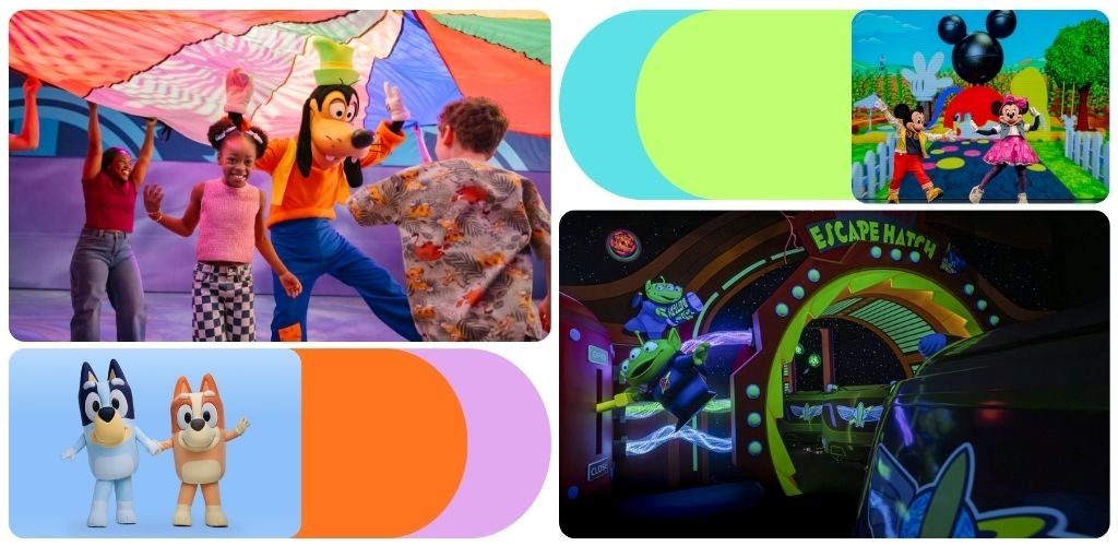 Children enjoying a colorful variety of indoor attractions at funexcom including characters and themed play areas